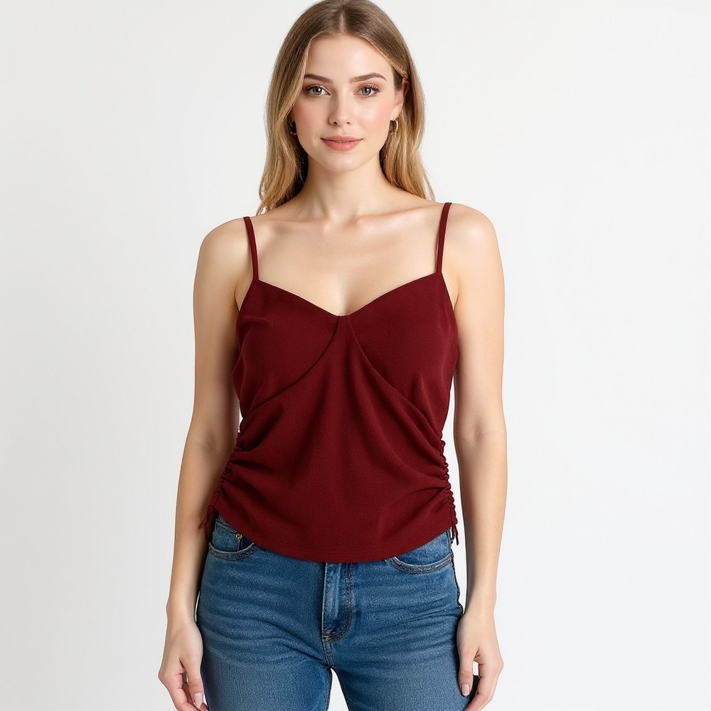 Paperoc Ruched Side Tie Cami Top Women Medium Burgundy Excellent JK2674-SET